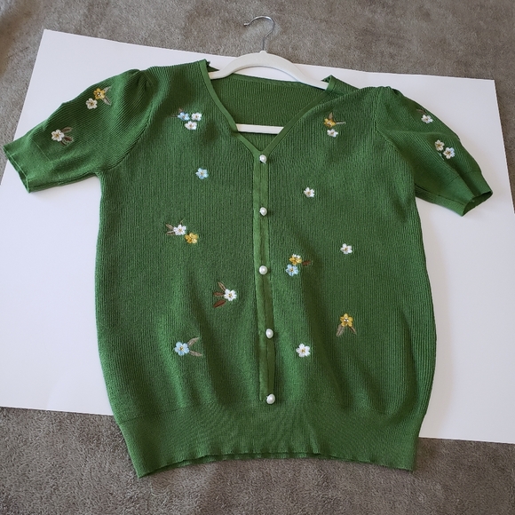 Knit Womens Floral V Neck  Short Sleeve Knitwear Pullover Top Sweater - Picture 2 of 9